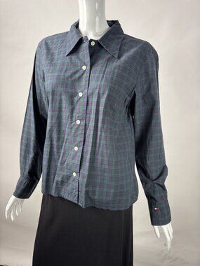 Tommy Hilfiger Womens Plaid Button-Up Shirt Size 10 Cotton Long Sleeve Green & N